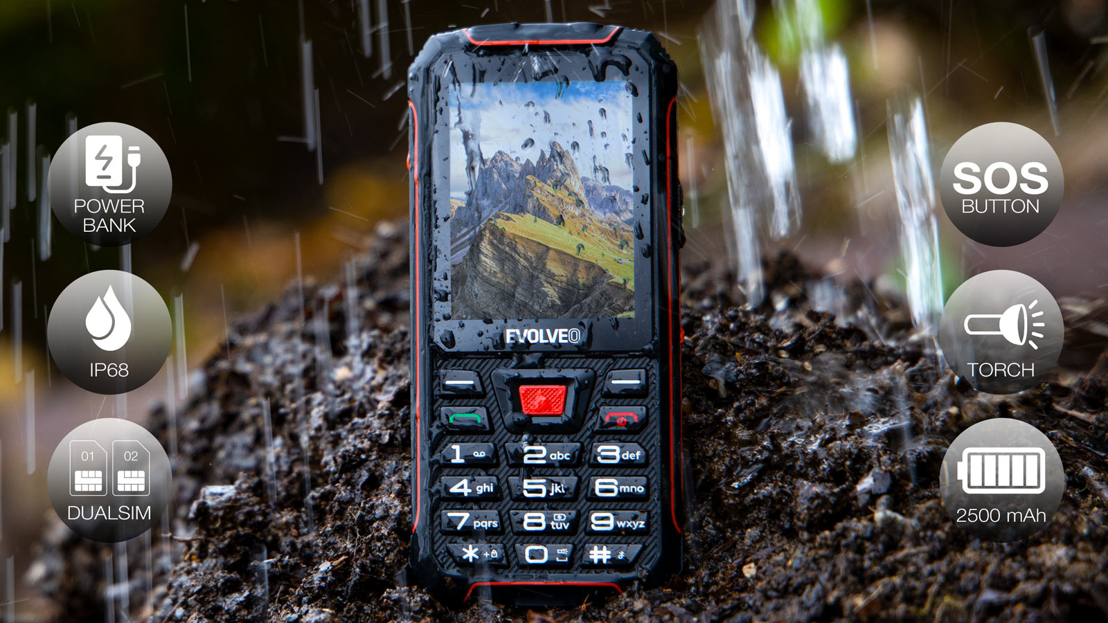 Obrázek EVOLVEO StrongPhone W4, vodotěsný odolný Dual SIM telefon, černo-červená
