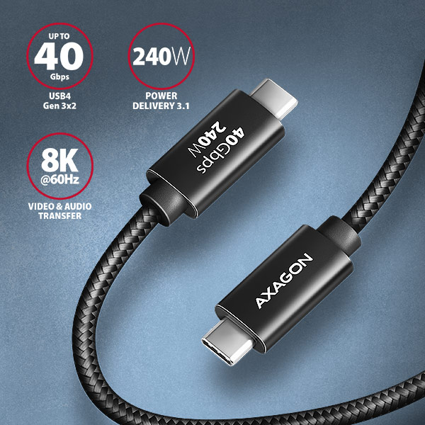 Obrázek AXAGON BUCM4X-CM10AB NewGEN+ kabel USB-C <-> USB-C, 1m, USB4 Gen 3×2, PD 240W 5A, 8K HD, ALU, oplet