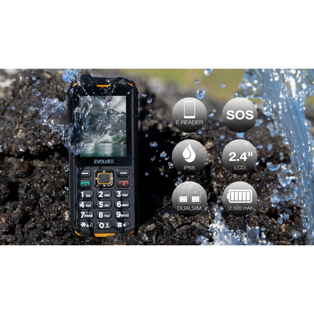 Obrázek EVOLVEO StrongPhone X5, vodotěsný odolný Dual SIM telefon, černo-oranžová