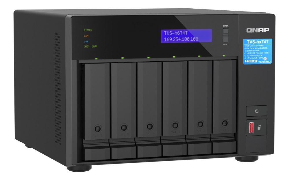 Obrázek QNAP TVS-h674T-i5-32G (6core, ZFS, 32GB RAM, 6x SATA, 2x M.2 NVMe, 2x 2,5GbE, 2x Thunderbolt 4)