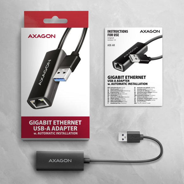 Obrázek AXAGON ADE-AR, USB-A 3.2 Gen 1 - Gigabit Ethernet síťová karta, Realtek 8153, auto instal