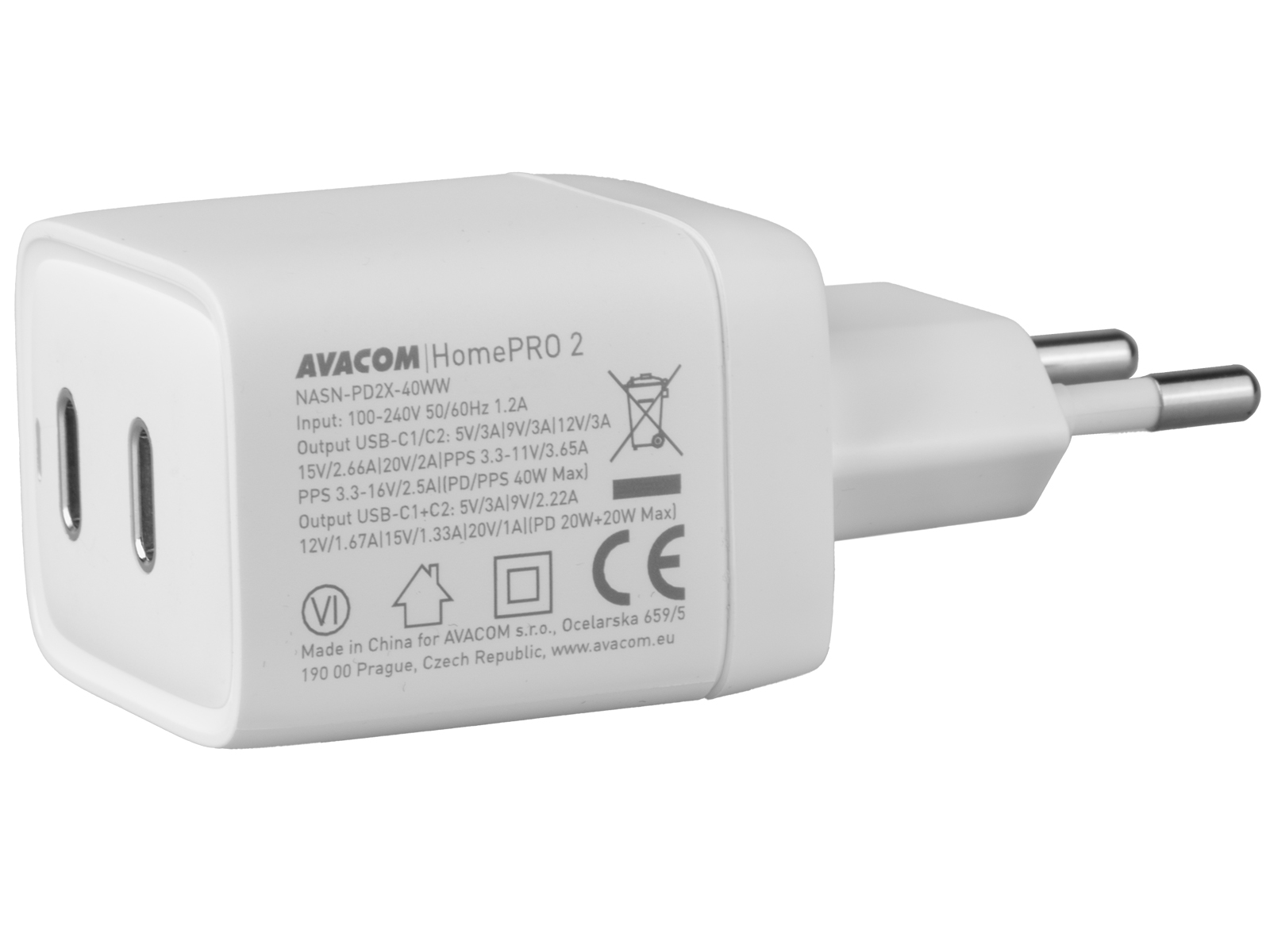 Obrázek AVACOM HomePRO 2 síťová nabíječka s Power Delivery 40W se dvěma USB-C výstupy