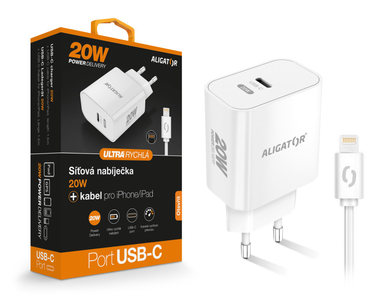 Obrázek Chytrá síťová nabíječka ALIGATOR Power Delivery 20W, USB-C kabel pro iPhone/iPad, bílá