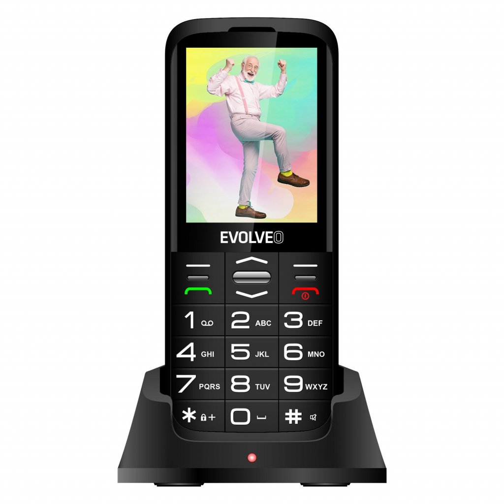 EVOLVEO EasyPhone FS, vyklápěcí mobilní telefon 2.8" pro seniory s nabíjecím stojánkem (černá barva)