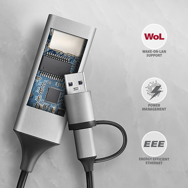 Obrázek AXAGON ADE-TXCA, USB-C + USB-A 3.2 Gen 1 - Gigabit Ethernet síťová karta, Asix AX88179, auto instal