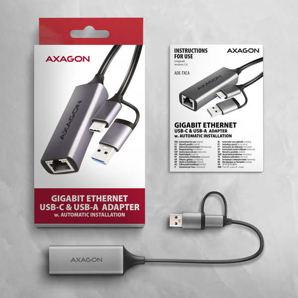 Obrázek AXAGON ADE-TXCA, USB-C + USB-A 3.2 Gen 1 - Gigabit Ethernet síťová karta, Asix AX88179, auto instal