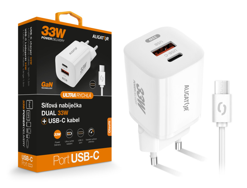 Chytrá GaN síťová nabíječka ALIGATOR Power Delivery 33W, USB-C + USB-A, USB-C/USB-C kabel, bílá