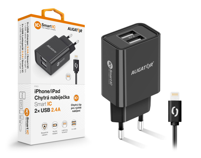 Obrázek Chytrá síťová nabíječka ALIGATOR 2,4A, 2xUSB, smart IC, černá, USB kabel pro iPhone/iPad