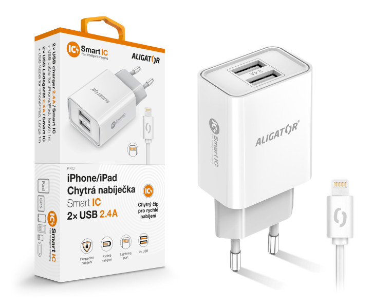 Obrázek Chytrá síťová nabíječka ALIGATOR 2,4A, 2xUSB, smart IC, bílá, USB kabel pro iPhone/iPad