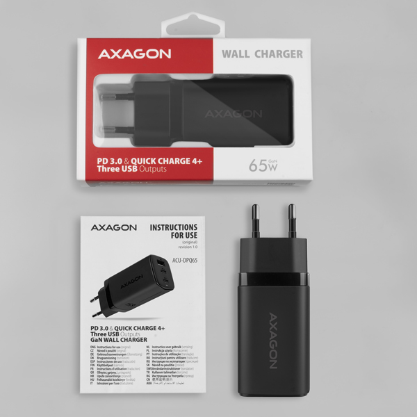 Obrázek AXAGON ACU-DPQ65, GaN nabíječka do sítě 65W, 3x port (USB-A + dual USB-C), PD3.0/QC4+/PPS/Apple