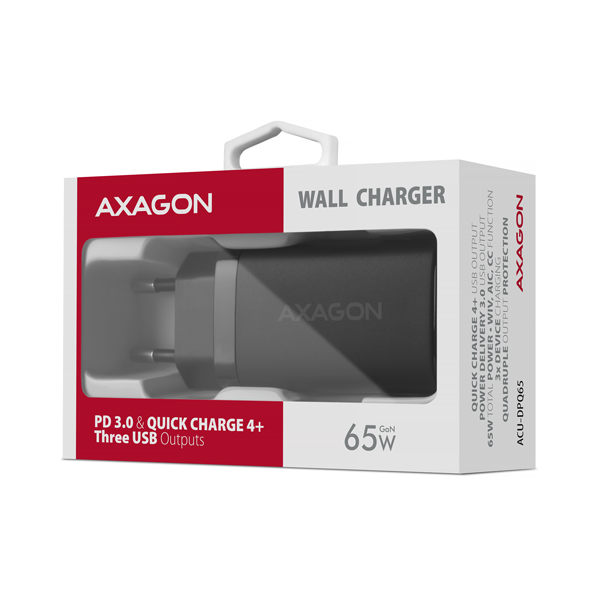 Obrázek AXAGON ACU-DPQ65, GaN nabíječka do sítě 65W, 3x port (USB-A + dual USB-C), PD3.0/QC4+/PPS/Apple