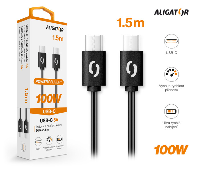 Obrázek Datový kabel ALIGATOR POWER 100W, USB-C/USB-C 5A, 1,5m černý