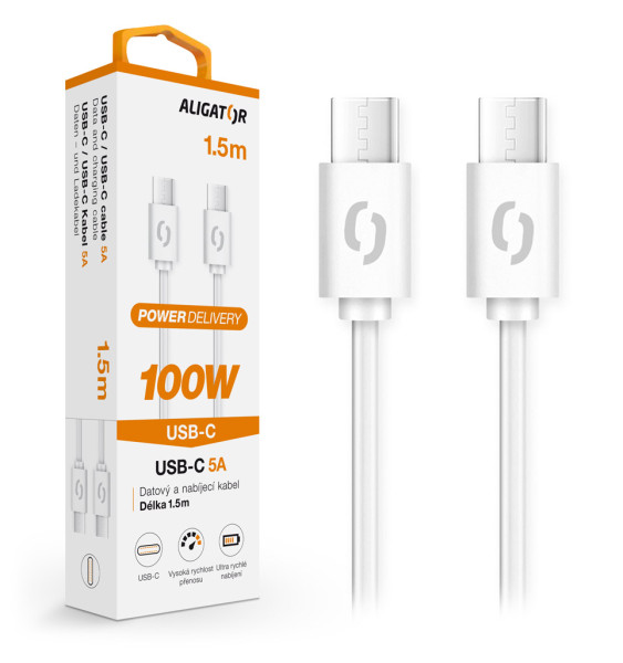 Obrázek Datový kabel ALIGATOR POWER 100W, USB-C/USB-C 5A, 1,5m bílý