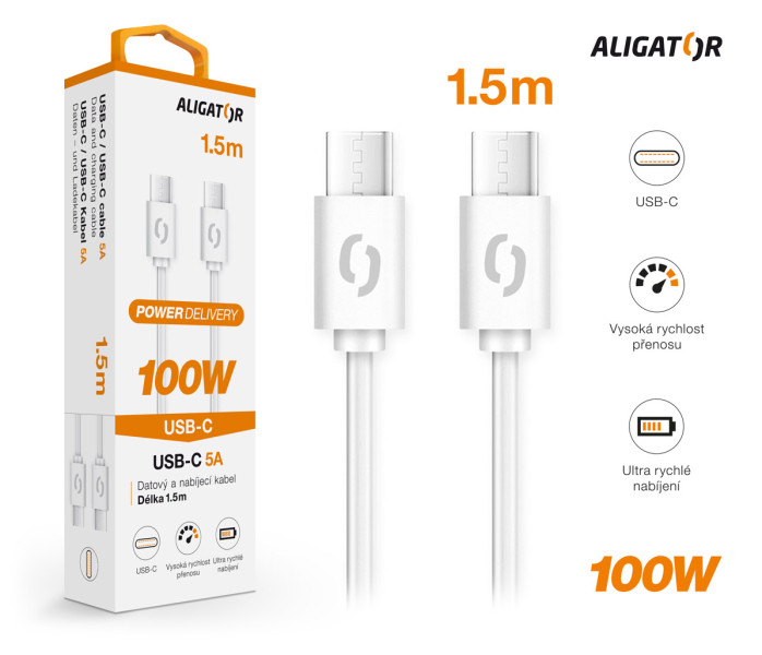 Obrázek Datový kabel ALIGATOR POWER 100W, USB-C/USB-C 5A, 1,5m bílý