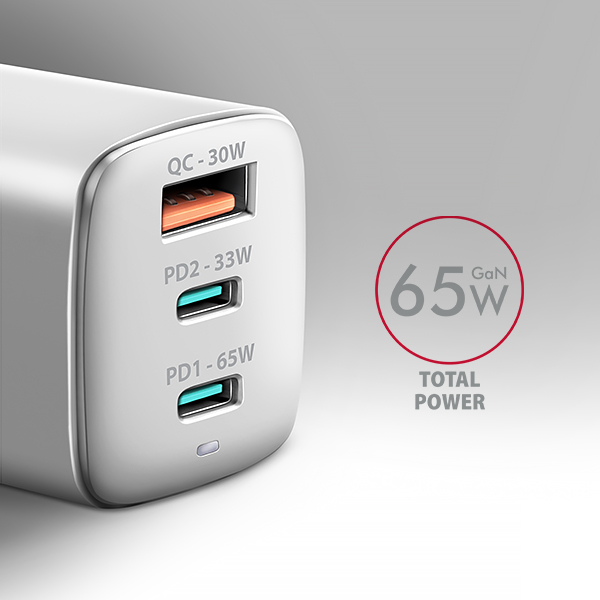 Obrázek AXAGON ACU-DPQ65W, GaN nabíječka do sítě 65W, 3x port (USB-A + dual USB-C), PD3.0/QC4+/PPS/Apple