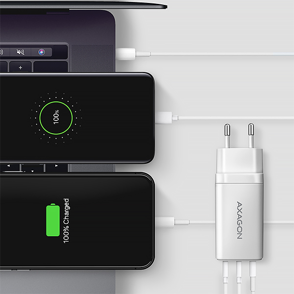 Obrázek AXAGON ACU-DPQ65W, GaN nabíječka do sítě 65W, 3x port (USB-A + dual USB-C), PD3.0/QC4+/PPS/Apple