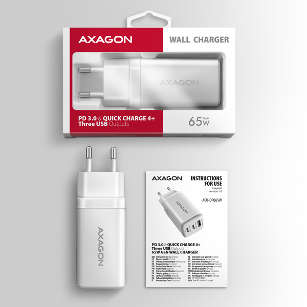 Obrázek AXAGON ACU-DPQ65W, GaN nabíječka do sítě 65W, 3x port (USB-A + dual USB-C), PD3.0/QC4+/PPS/Apple