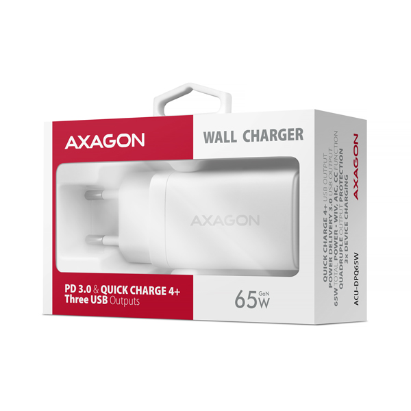 Obrázek AXAGON ACU-DPQ65W, GaN nabíječka do sítě 65W, 3x port (USB-A + dual USB-C), PD3.0/QC4+/PPS/Apple