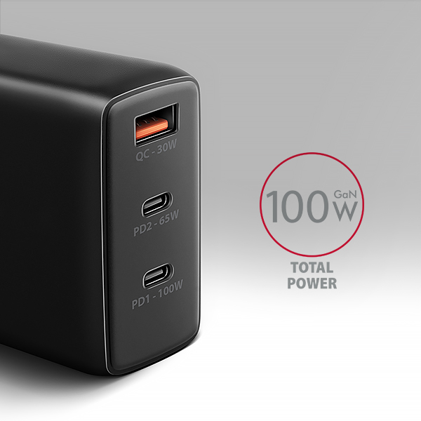 Obrázek AXAGON ACU-DPQ100, GaN nabíječka do sítě 100W, 3x port (USB-A + dual USB-C), PD3.0/PPS/QC4+/Apple