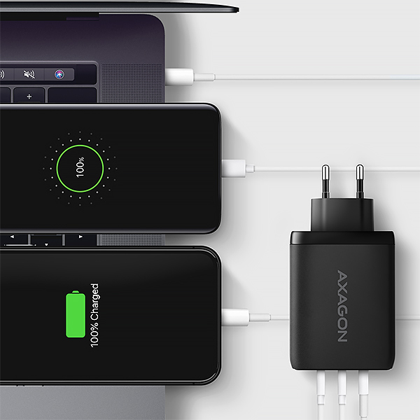 Obrázek AXAGON ACU-DPQ100, GaN nabíječka do sítě 100W, 3x port (USB-A + dual USB-C), PD3.0/PPS/QC4+/Apple