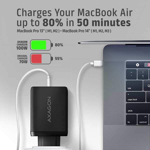 Obrázek AXAGON ACU-DPQ100, GaN nabíječka do sítě 100W, 3x port (USB-A + dual USB-C), PD3.0/PPS/QC4+/Apple