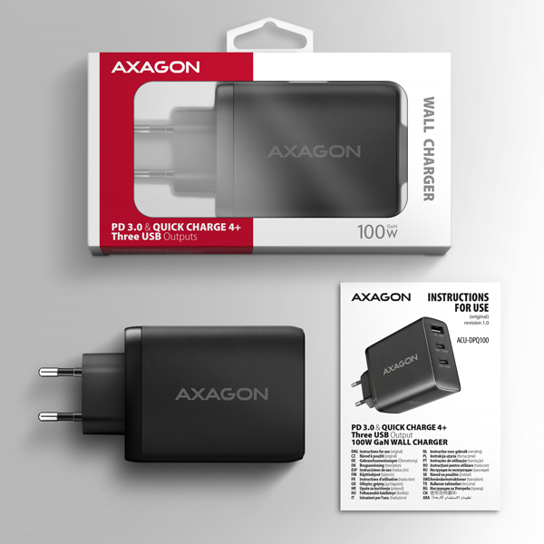 Obrázek AXAGON ACU-DPQ100, GaN nabíječka do sítě 100W, 3x port (USB-A + dual USB-C), PD3.0/PPS/QC4+/Apple