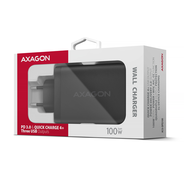 Obrázek AXAGON ACU-DPQ100, GaN nabíječka do sítě 100W, 3x port (USB-A + dual USB-C), PD3.0/PPS/QC4+/Apple