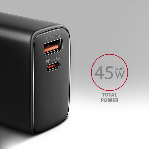 Obrázek AXAGON ACU-PQ45 GaN nabíječka do sítě 45W, 2x port (USB-A + USB-C), PD3.0/PPS/QC4+/SFC 2.0/AFC/Apple