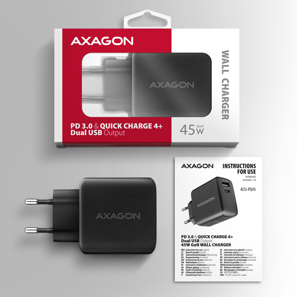 Obrázek AXAGON ACU-PQ45 GaN nabíječka do sítě 45W, 2x port (USB-A + USB-C), PD3.0/PPS/QC4+/SFC 2.0/AFC/Apple