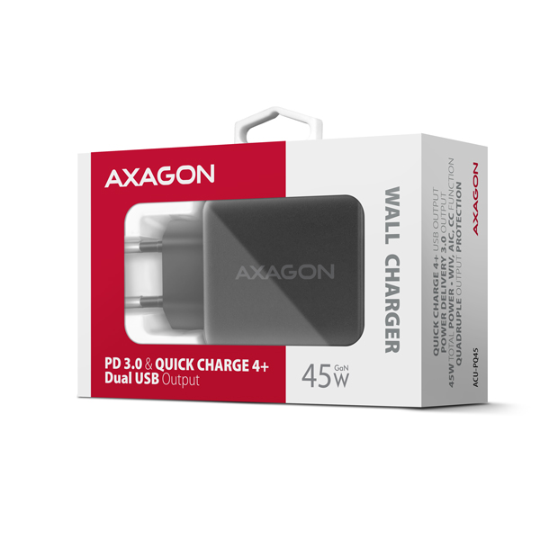 Obrázek AXAGON ACU-PQ45 GaN nabíječka do sítě 45W, 2x port (USB-A + USB-C), PD3.0/PPS/QC4+/SFC 2.0/AFC/Apple