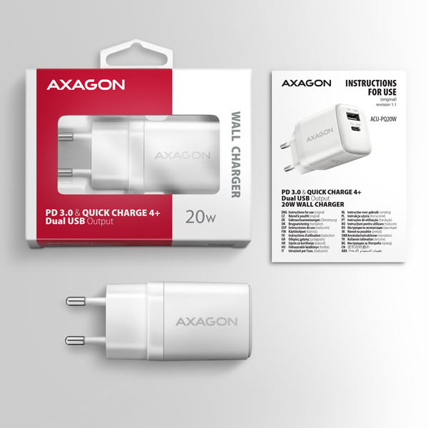 Obrázek AXAGON ACU-PQ20W, nabíječka do sítě 20W, 2x port (USB-A + USB-C), PD3.0/PPS/QC4+/AFC/Apple, bílá