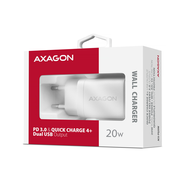 Obrázek AXAGON ACU-PQ20W nabíječka do sítě 20W, 2x port (USB-A + USB-C), PD3.0/PPS/QC4+/AFC/Apple, bílá