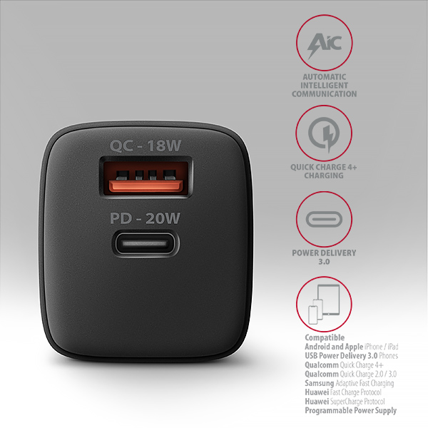 Obrázek AXAGON ACU-PQ20 nabíječka do sítě 20W, 2x port (USB-A + USB-C), PD3.0/PPS/QC4+/AFC/Apple, černá
