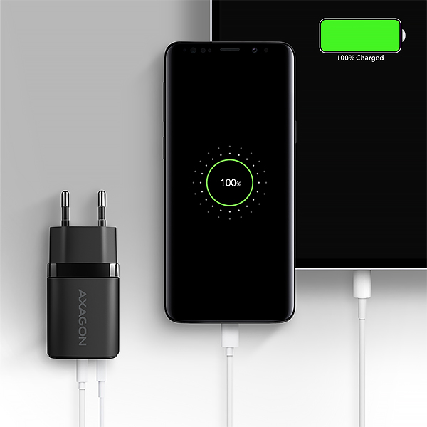 Obrázek AXAGON ACU-PQ20, nabíječka do sítě 20W, 2x port (USB-A + USB-C), PD3.0/PPS/QC4+/AFC/Apple, černá