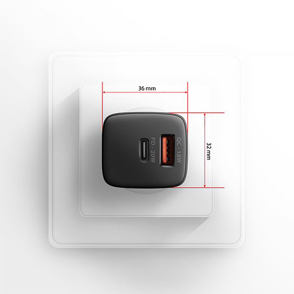 Obrázek AXAGON ACU-PQ20 nabíječka do sítě 20W, 2x port (USB-A + USB-C), PD3.0/PPS/QC4+/AFC/Apple, černá