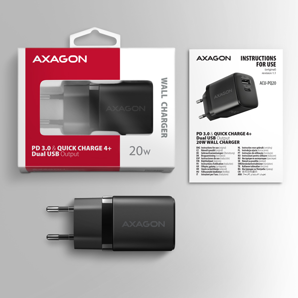 Obrázek AXAGON ACU-PQ20 nabíječka do sítě 20W, 2x port (USB-A + USB-C), PD3.0/PPS/QC4+/AFC/Apple, černá