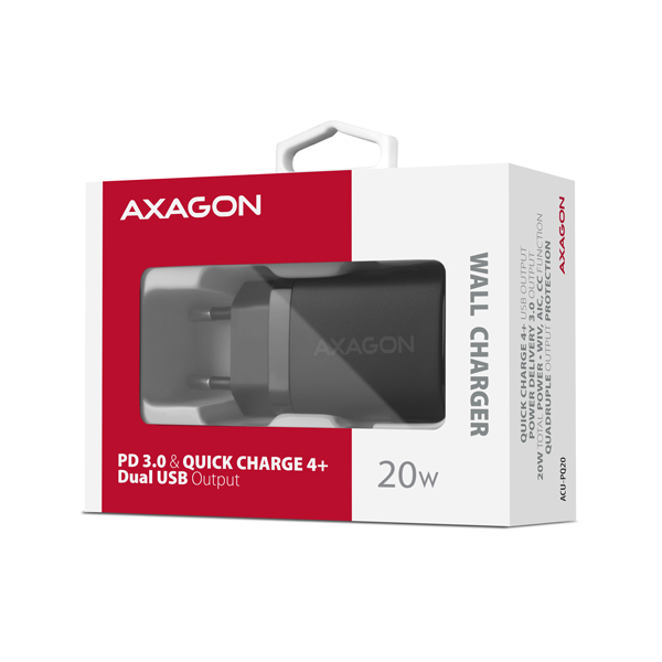 Obrázek AXAGON ACU-PQ20 nabíječka do sítě 20W, 2x port (USB-A + USB-C), PD3.0/PPS/QC4+/AFC/Apple, černá