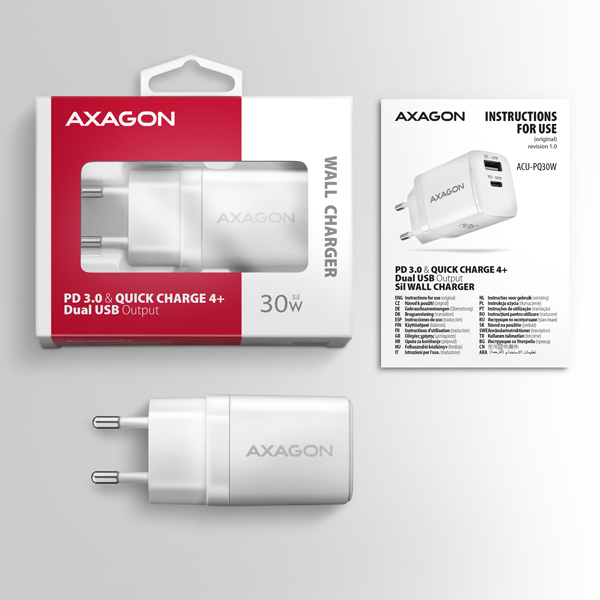 Obrázek AXAGON ACU-PQ30W Sil nabíječka do sítě 30W, 2x port (USB-A + USB-C), PD3.0/PPS/QC4+/SFC/AFC/Apple