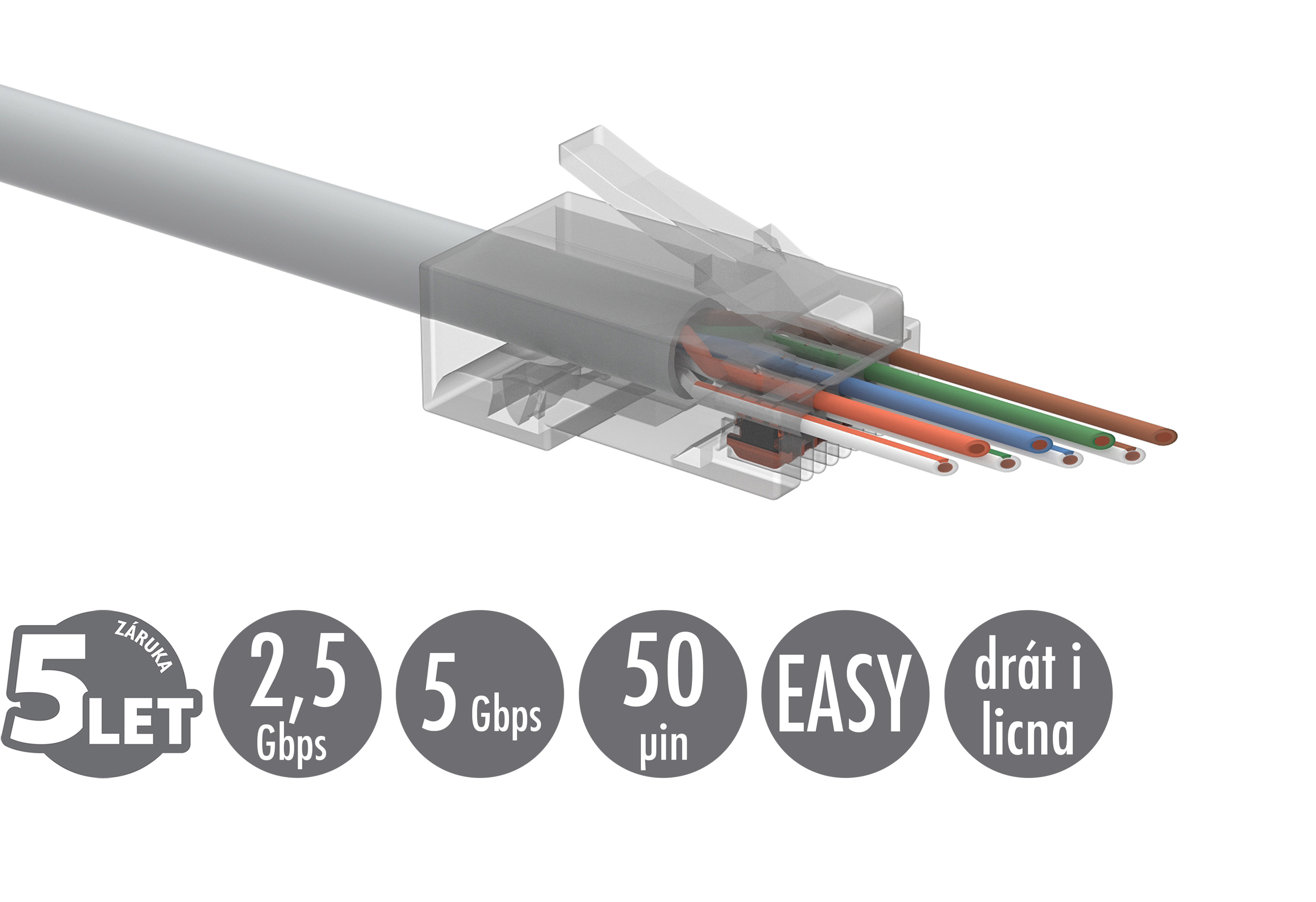 Obrázek Univerzální EASY konektor RJ45 CAT5E UTP 8p8c na drát i licnu SXRJ45-5E-UTP-EASY