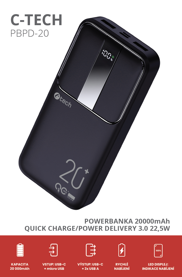 Obrázek Powerbanka C-tech 20000mAh, Li-Pol, 22,5W, USB-C/USB-A/micro USB