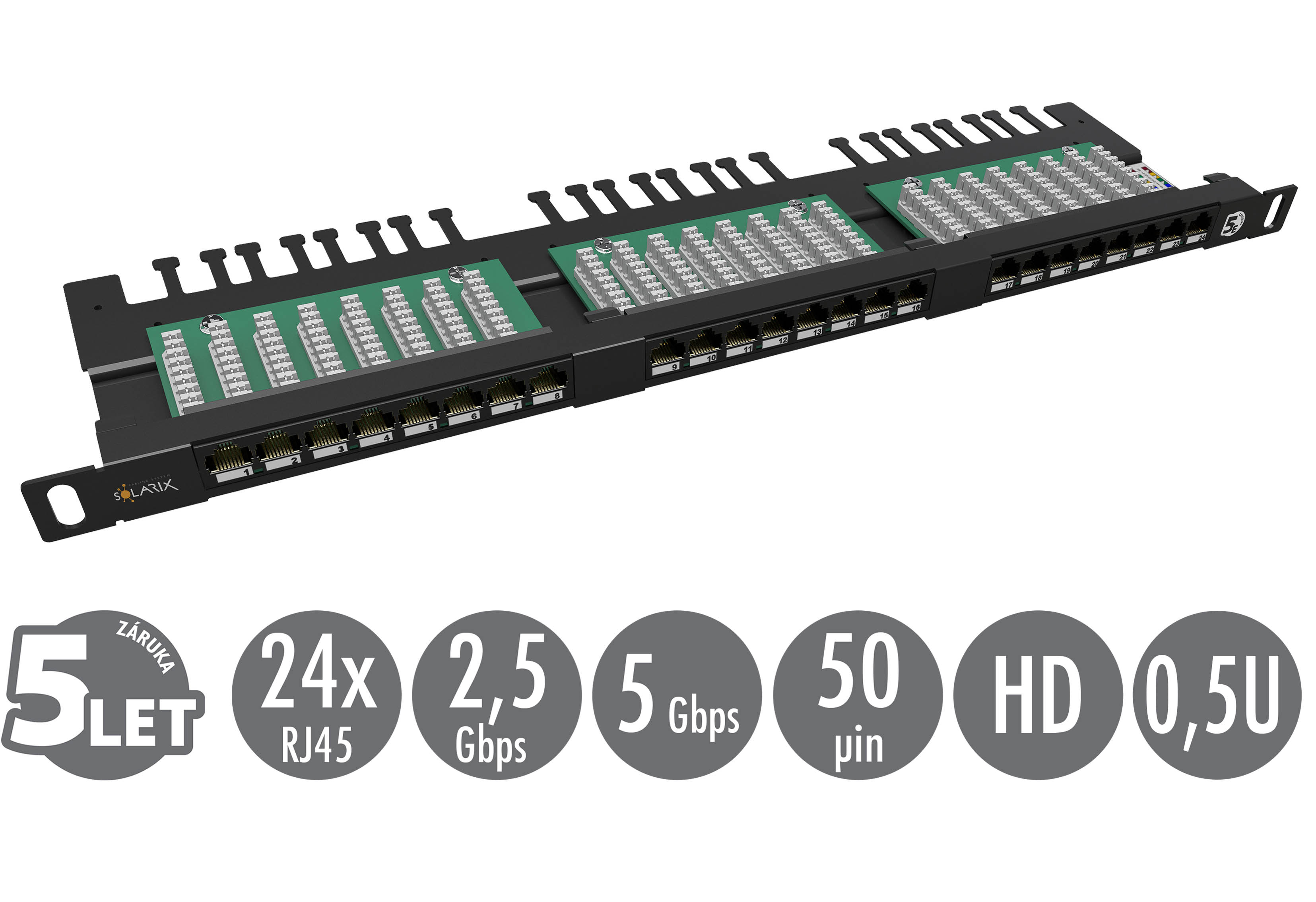 19" patch panel Solarix 24xRJ45 CAT5E UTP s vyvazovací lištou černý 0,5U SX24HD-5E-UTP-BK