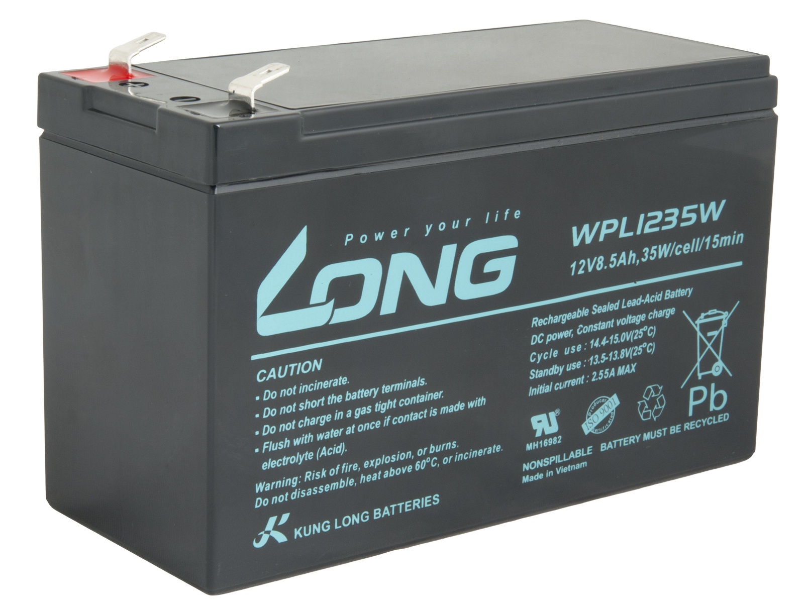 Obrázek LONG baterie 12V 8,5Ah F2 HighRate LongLife 9 let (WPL1235W)