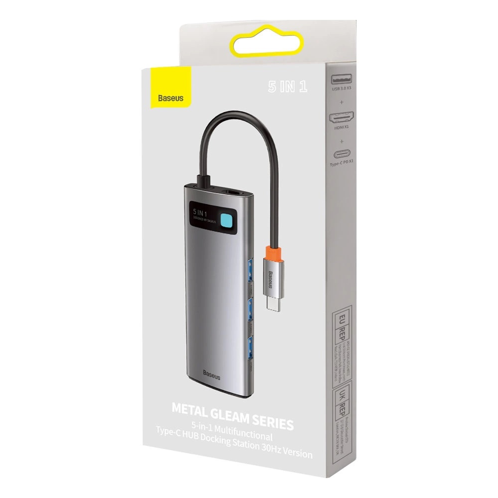 Obrázek Baseus USB Hub Metal Gleam Series 5v1 (USB-C PD 100W, 3x USB 3.0, HDMI) šedý