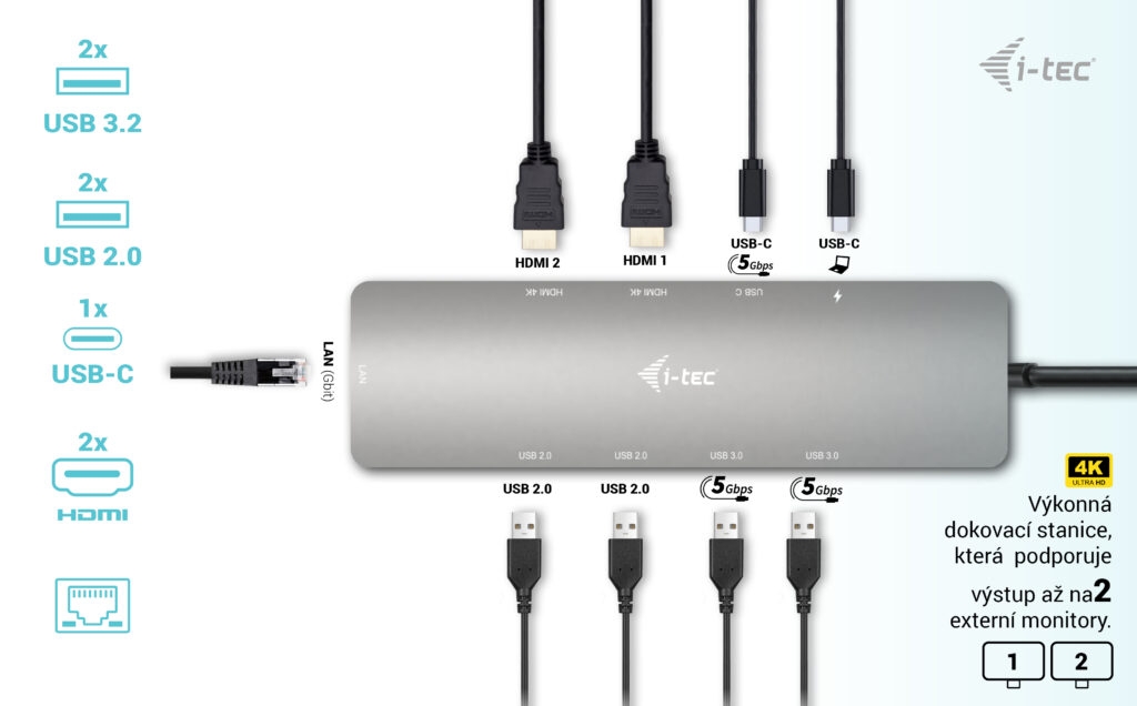 Obrázek i-tec USB-C Metal Nano 2x HDMI Docking Station, PD 100W + Charger 112W