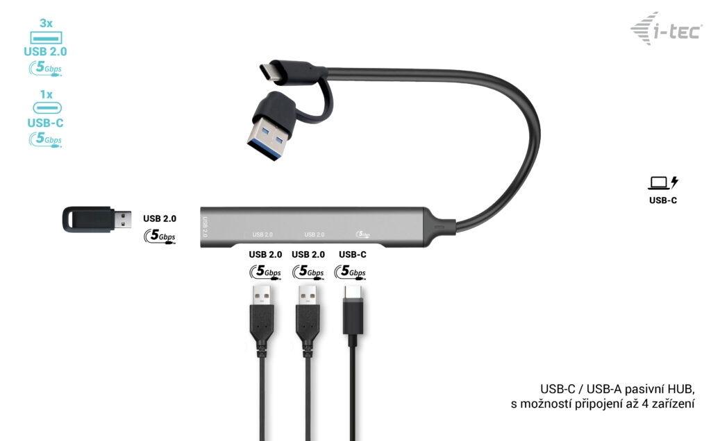 Obrázek i-tec USB-A/USB-C Metal HUB 1x USB-C 3.1 + 3x USB 2.0