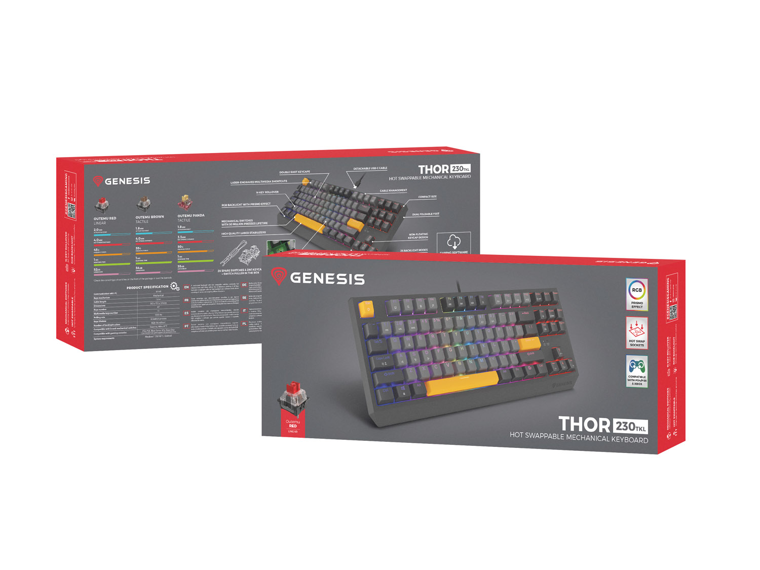 Obrázek Genesis herní klávesnice THOR 230/TKL/RGB/Outemu Red/Drátová USB/US layout/Anchor Negative Šedá