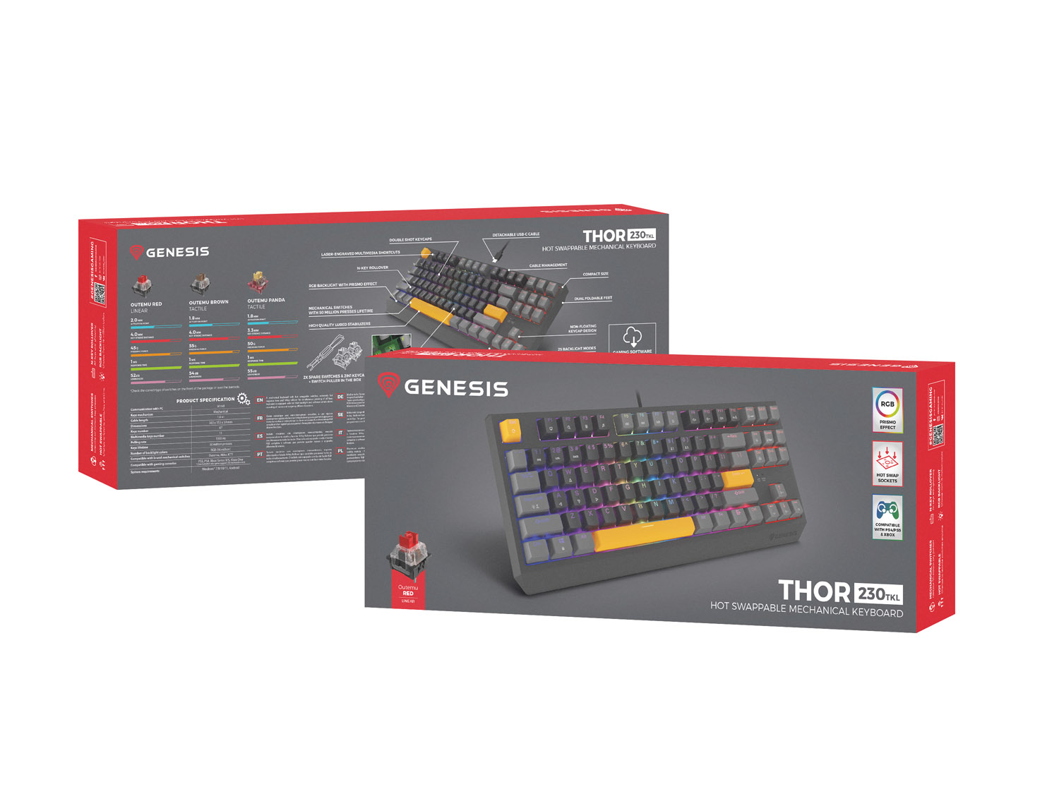 Obrázek Genesis herní klávesnice THOR 230/TKL/RGB/Outemu Red/Drátová USB/US layout/Anchor Positive Šedá