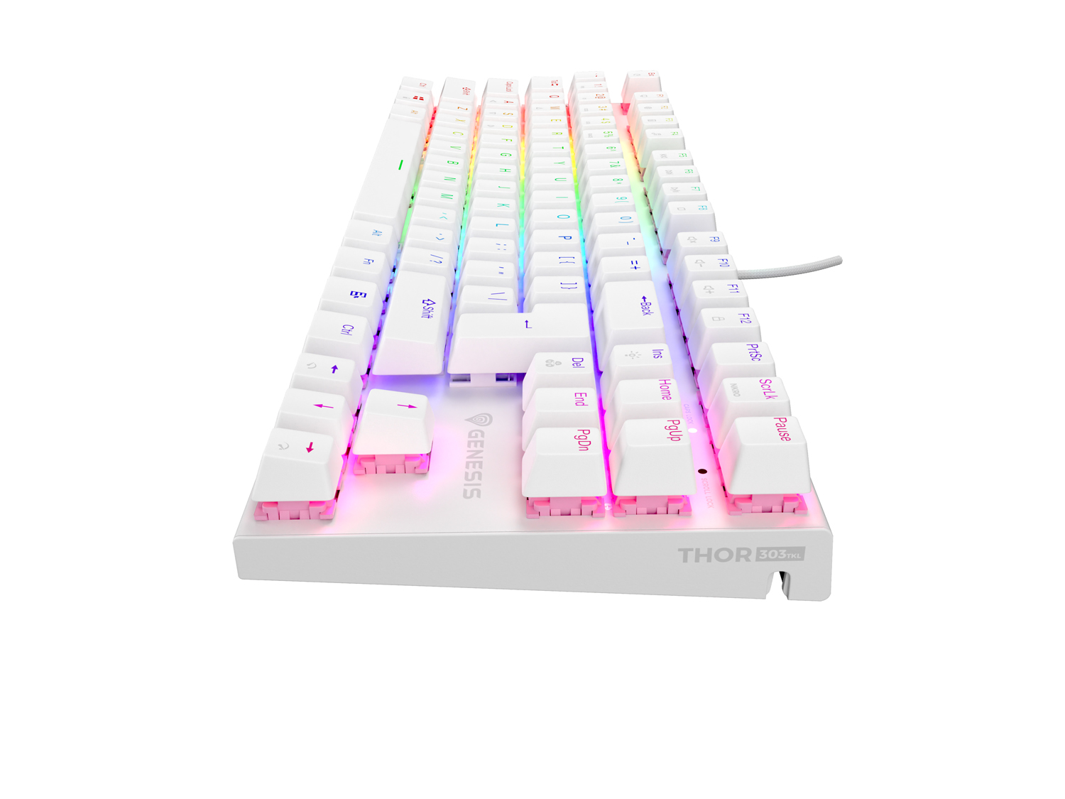 Obrázek Genesis tichá herní klávesnice THOR 303/TKL/RGB/Outemu Peach Silent/Drátová USB/US layout/Bílá