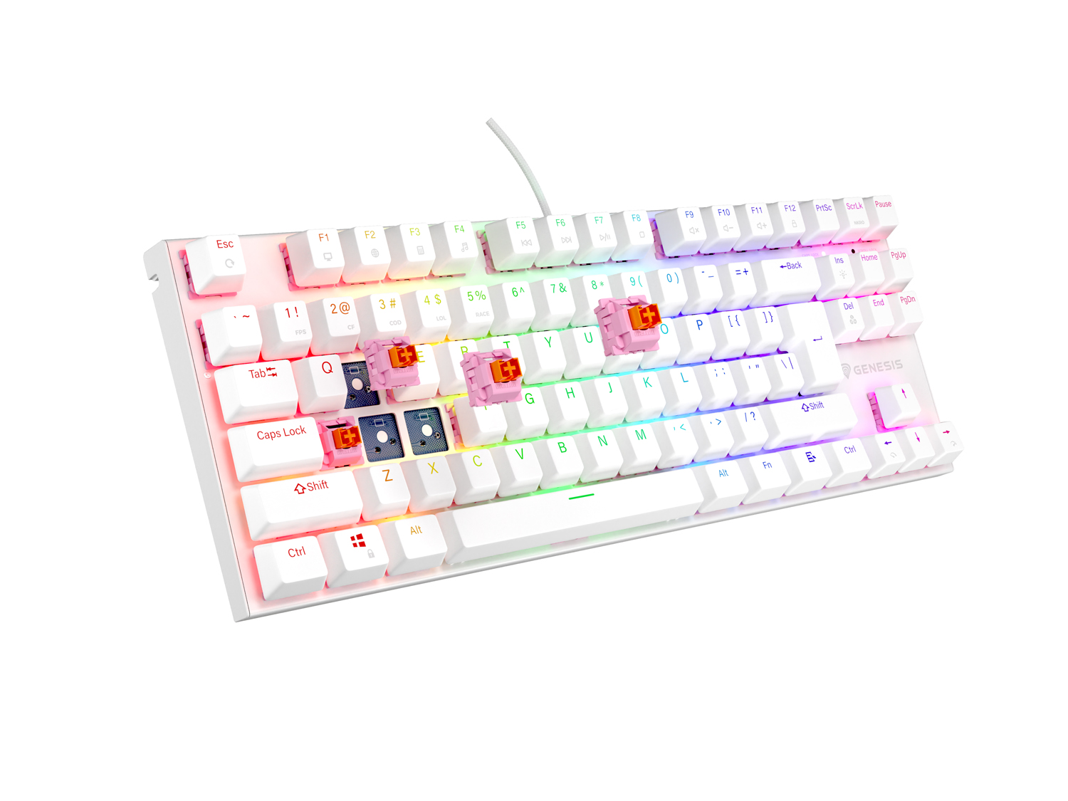 Obrázek Genesis tichá herní klávesnice THOR 303/TKL/RGB/Outemu Peach Silent/Drátová USB/US layout/Bílá