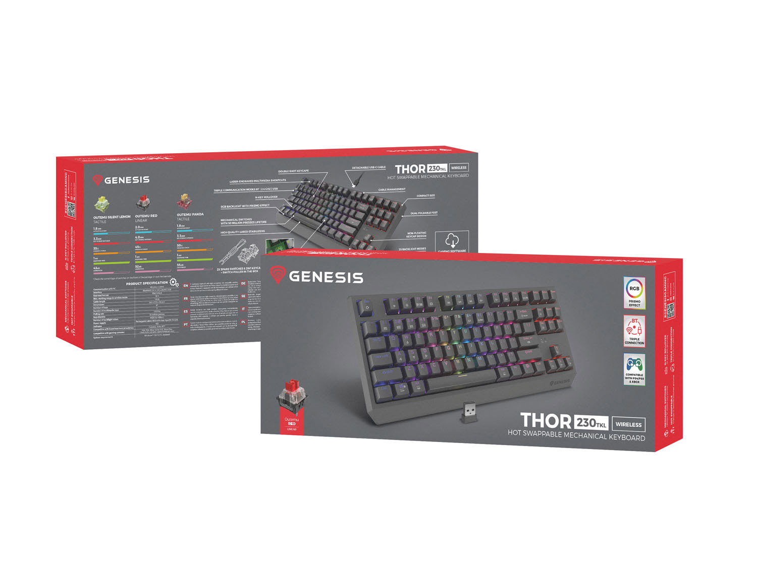 Obrázek GENESIS herní klávesnice THOR 230/TKL/RGB/Outemu Red/Bezdrátová USB + Bluetooth/US layout/Černá